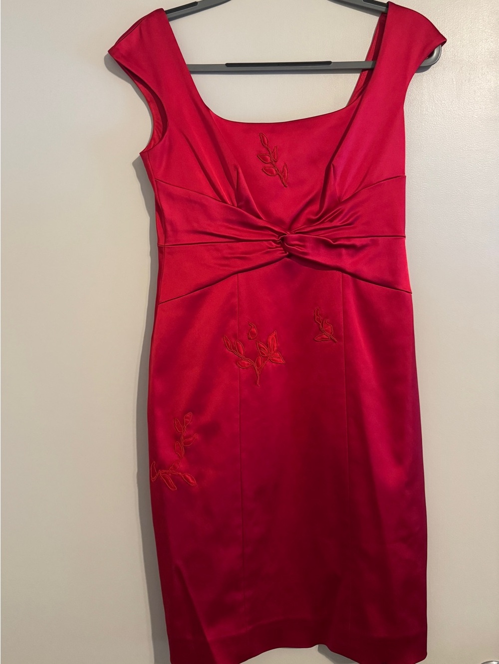 David Meister Red Satin Twist-Front Midi Dress